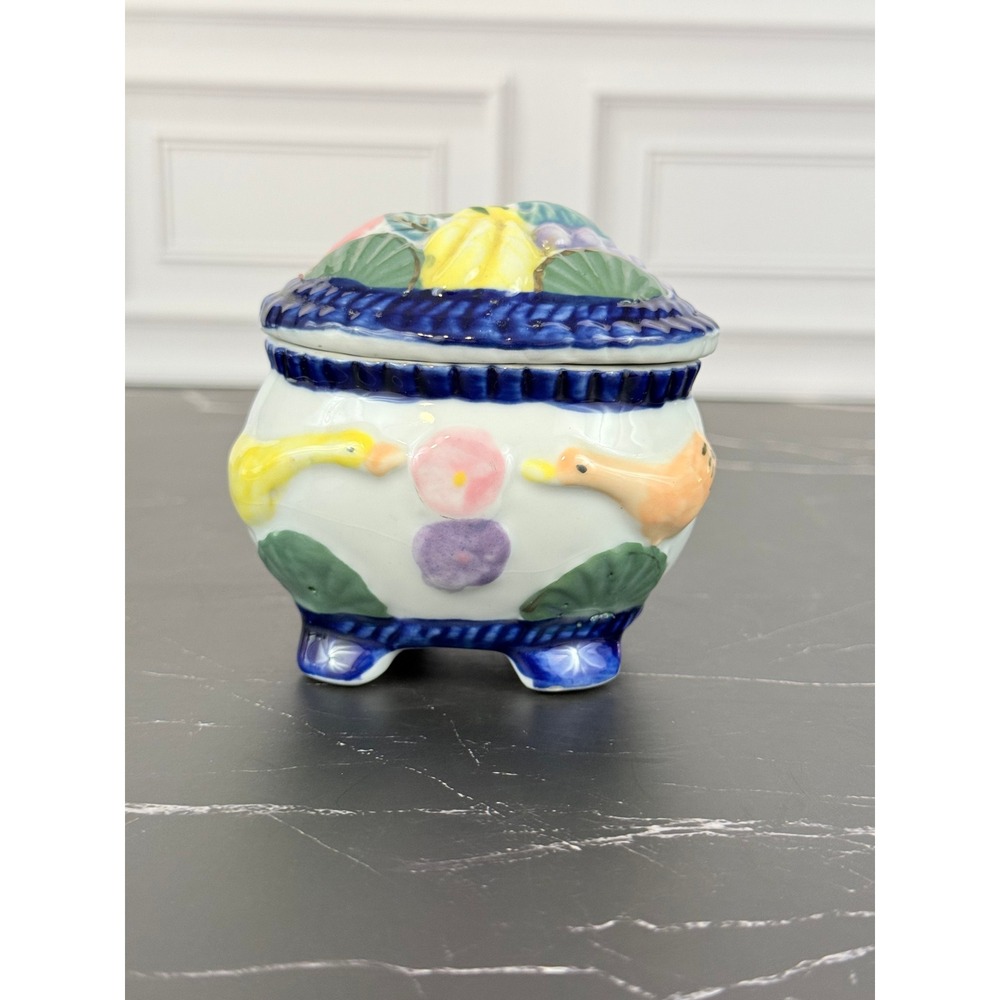 VTG Oval Shaped Footed Ceramic Trinket Box w/ Fruits Flowers Geese Pigs Animals